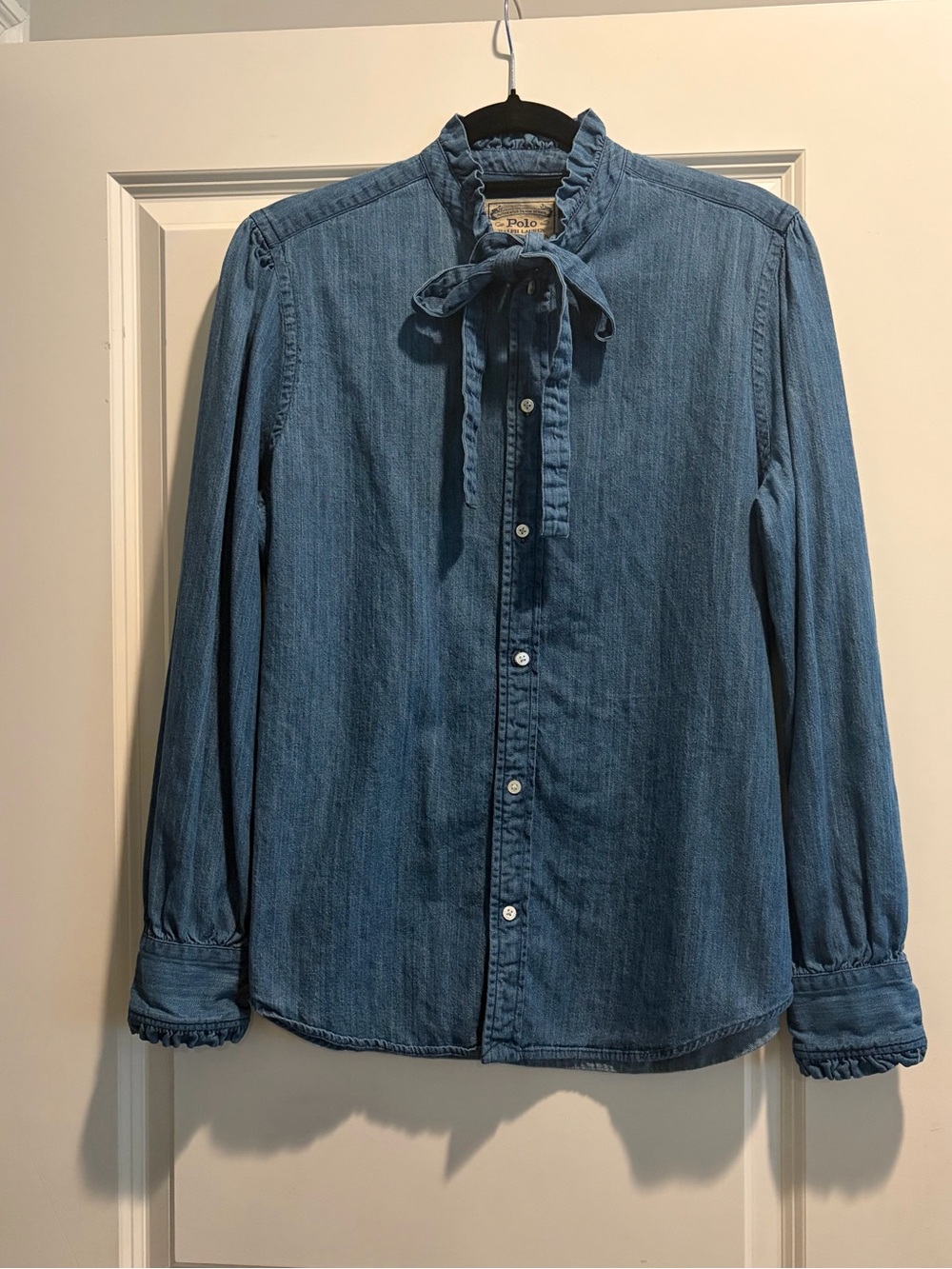Ralph Lauren Denim Blue Ruffle Tie-Neck Button-Up Blouse